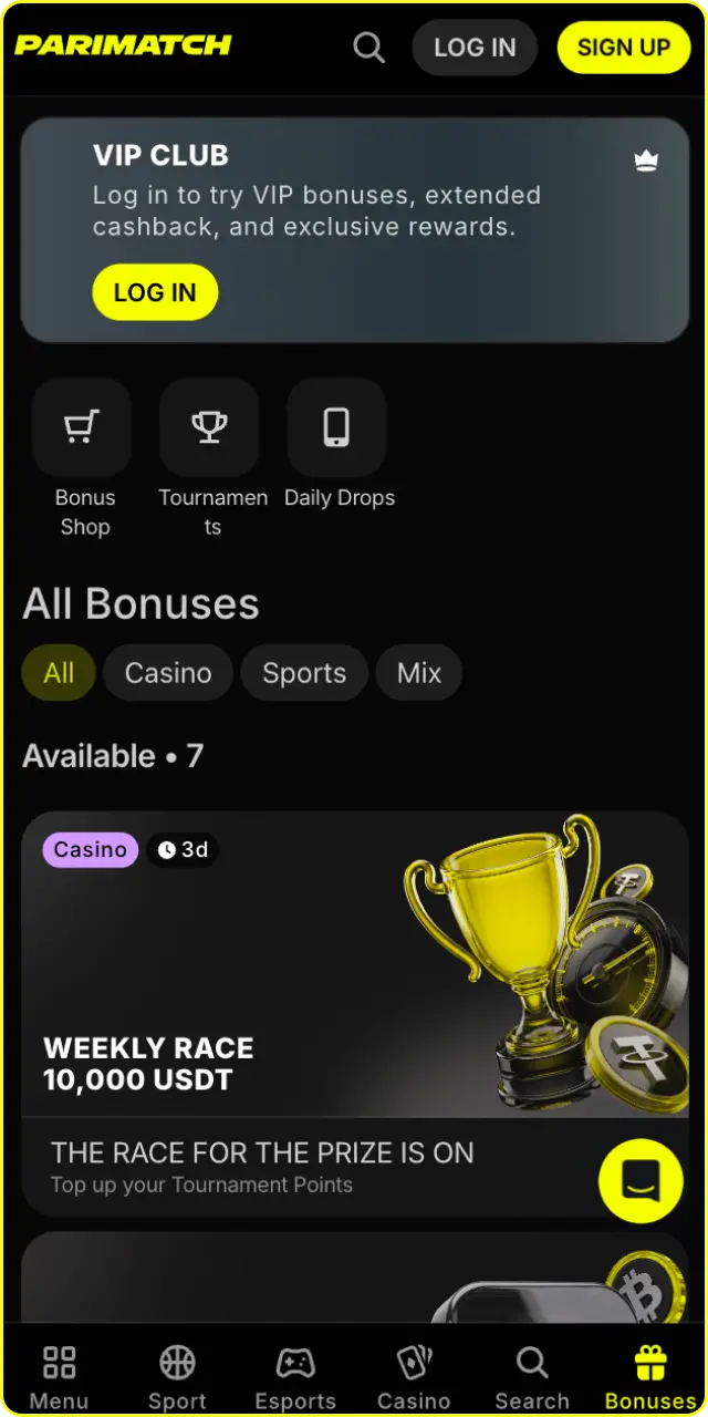 View available promotions easily on the Parimatch app bonus interface.