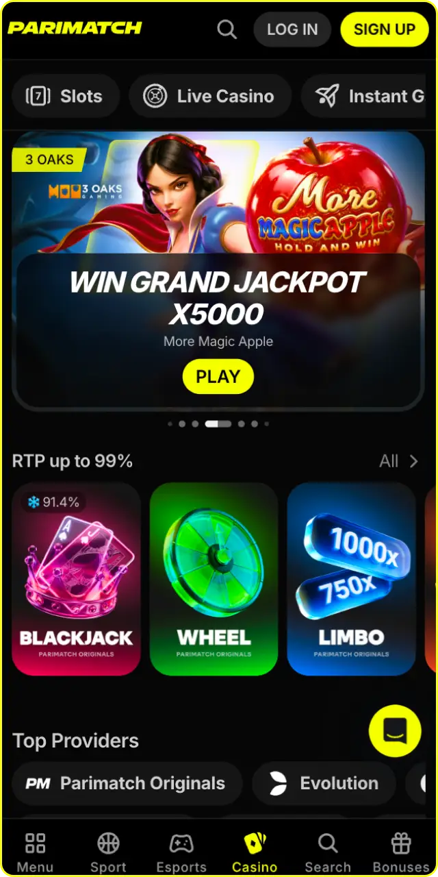 Play top casino games directly within the Parimatch app interface.