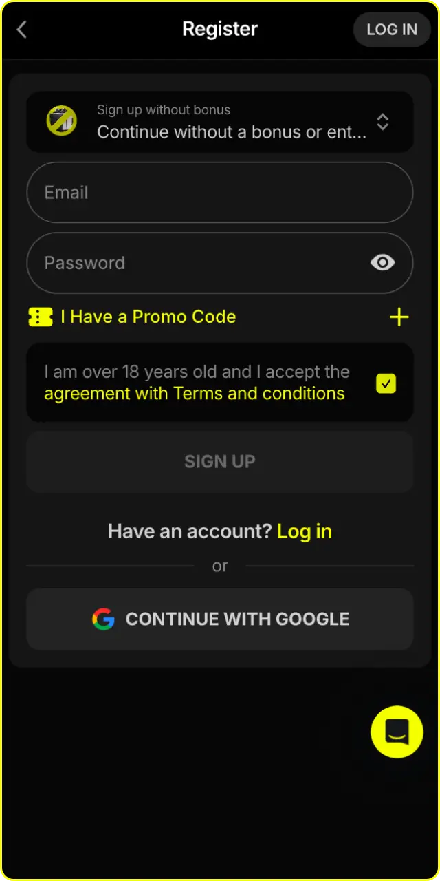Complete quick user registration using the official Parimatch app interface.