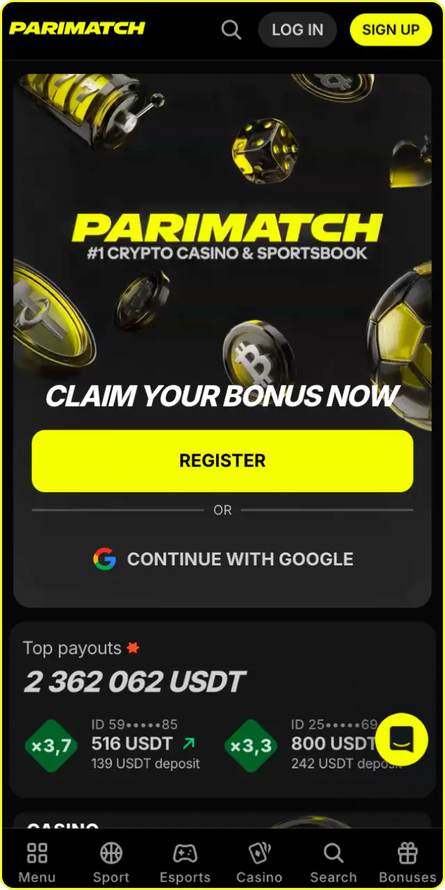 Check out the main interface of the Parimatch app for simple navigation.