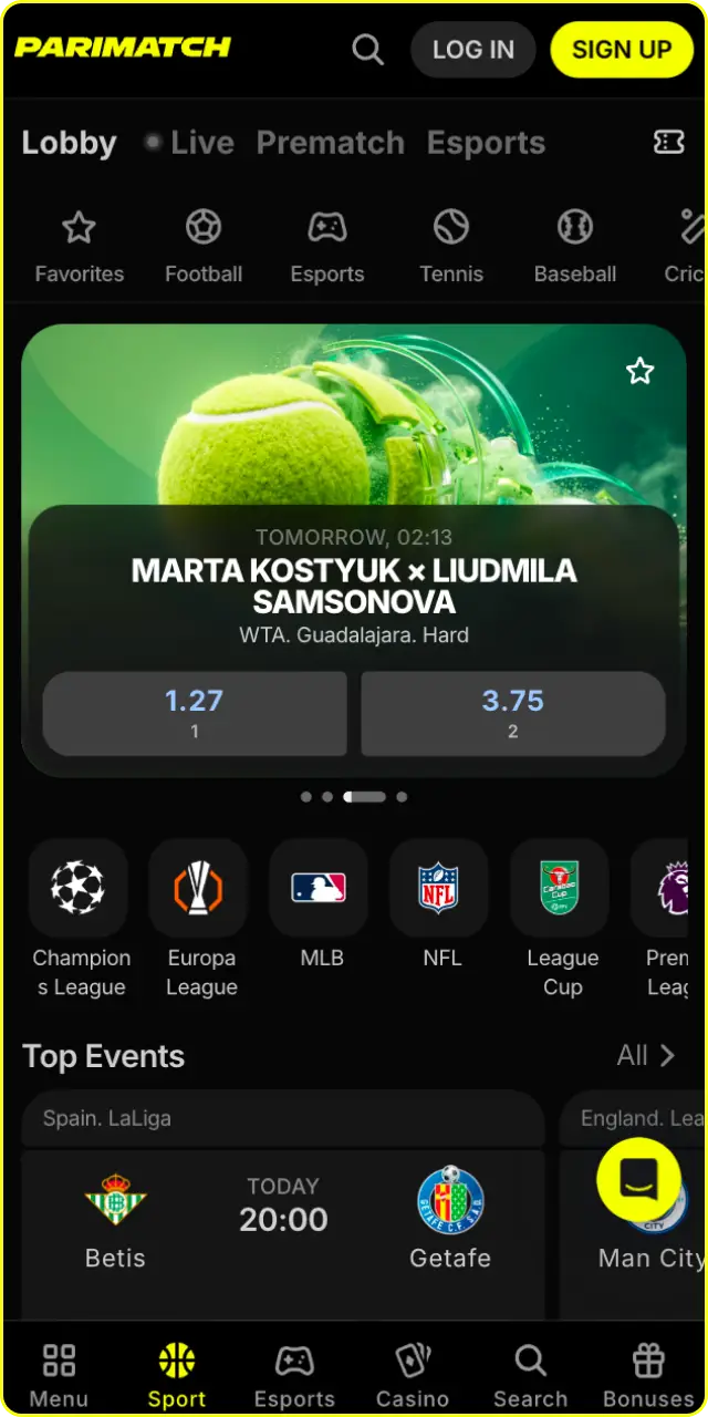 Place sports bets quickly through the intuitive Parimatch app interface.