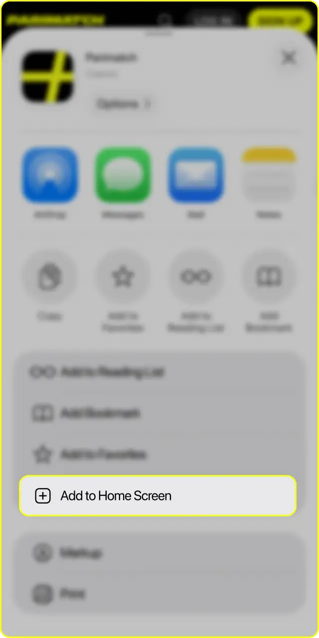 Select Add to Home Screen to place the Parimatch iOS shortcut on your device.