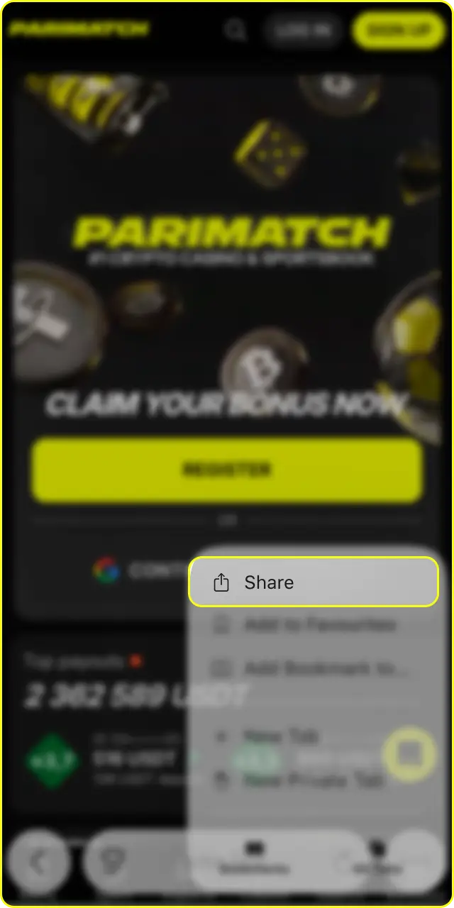 Tap the share icon in Safari to install the Parimatch iOS web app.