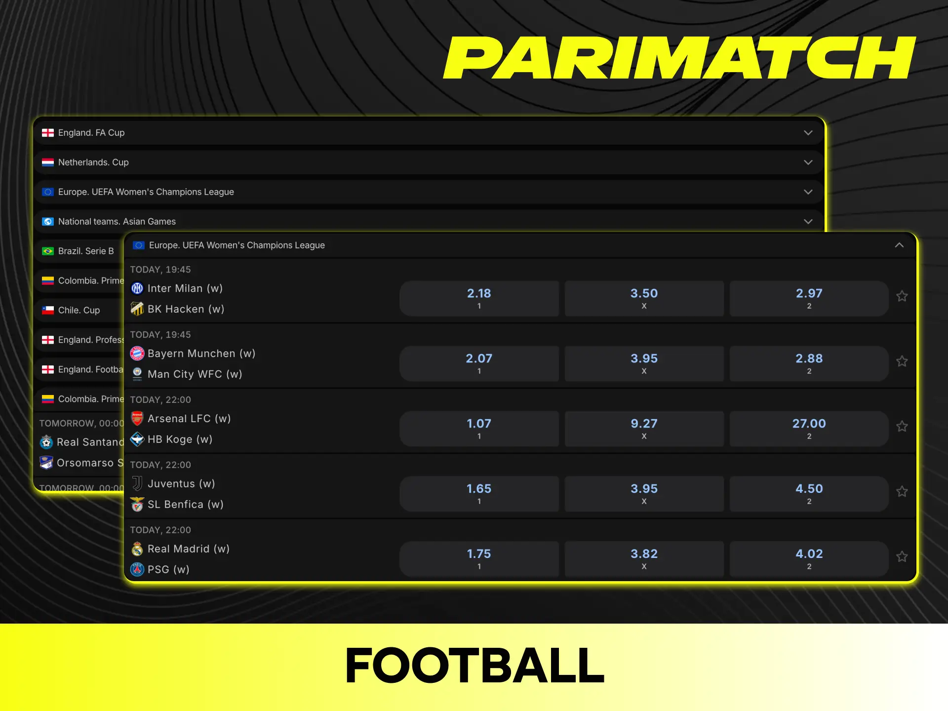 Bet on major football leagues and international tournaments using the Parimatch sports betting platform.