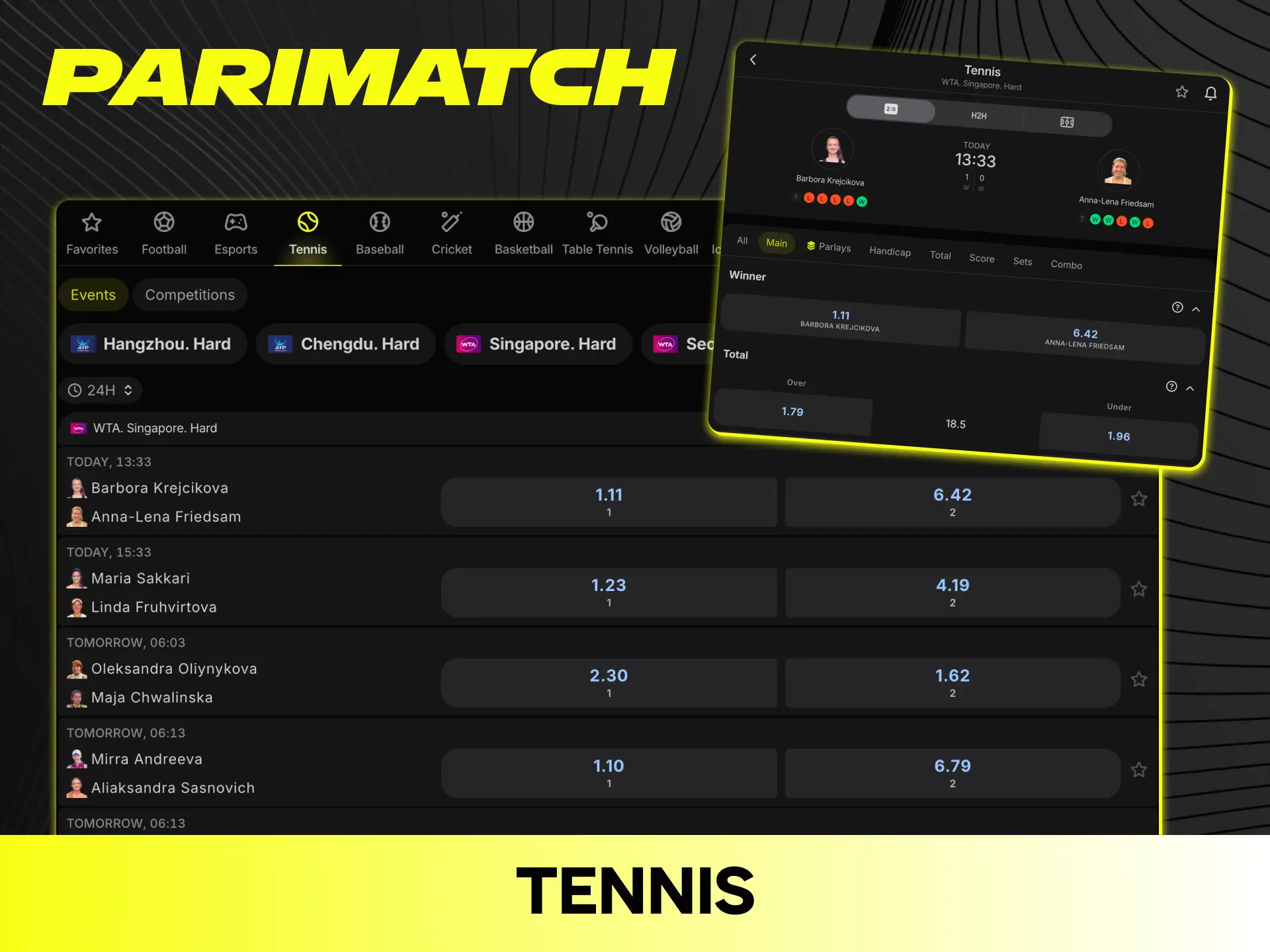 Enjoy competitive tennis odds and live betting markets available on Parimatch.
