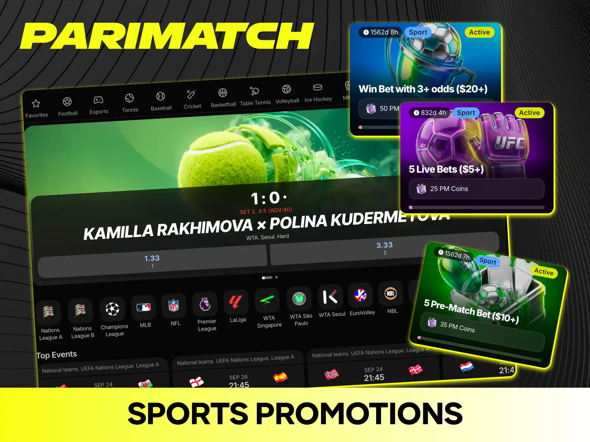 Take advantage of specialized sports promotional deals and boost your Parimatch bonus payouts.