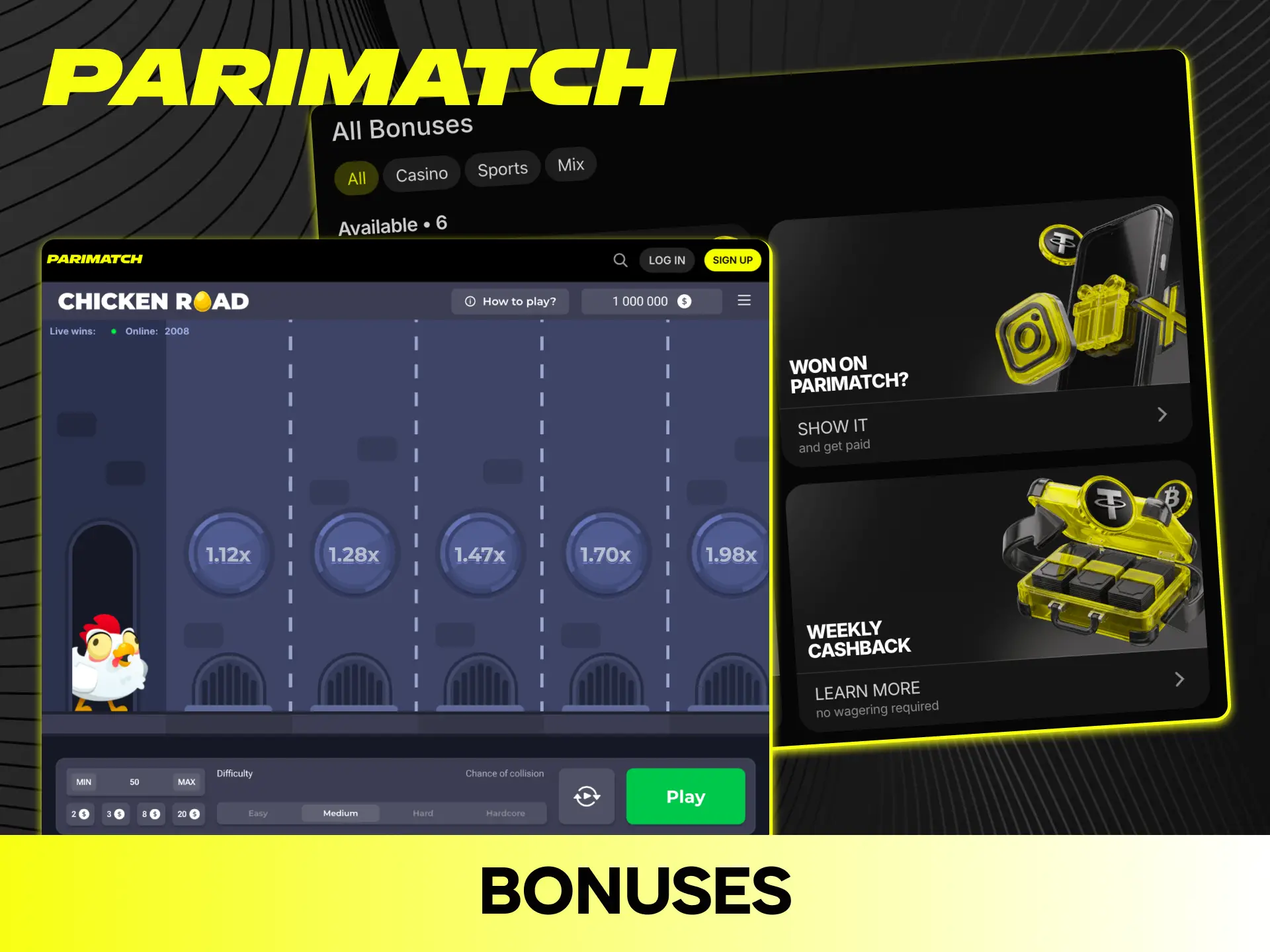 Activate generous casino bonuses to play the Chicken Road game on Parimatch.