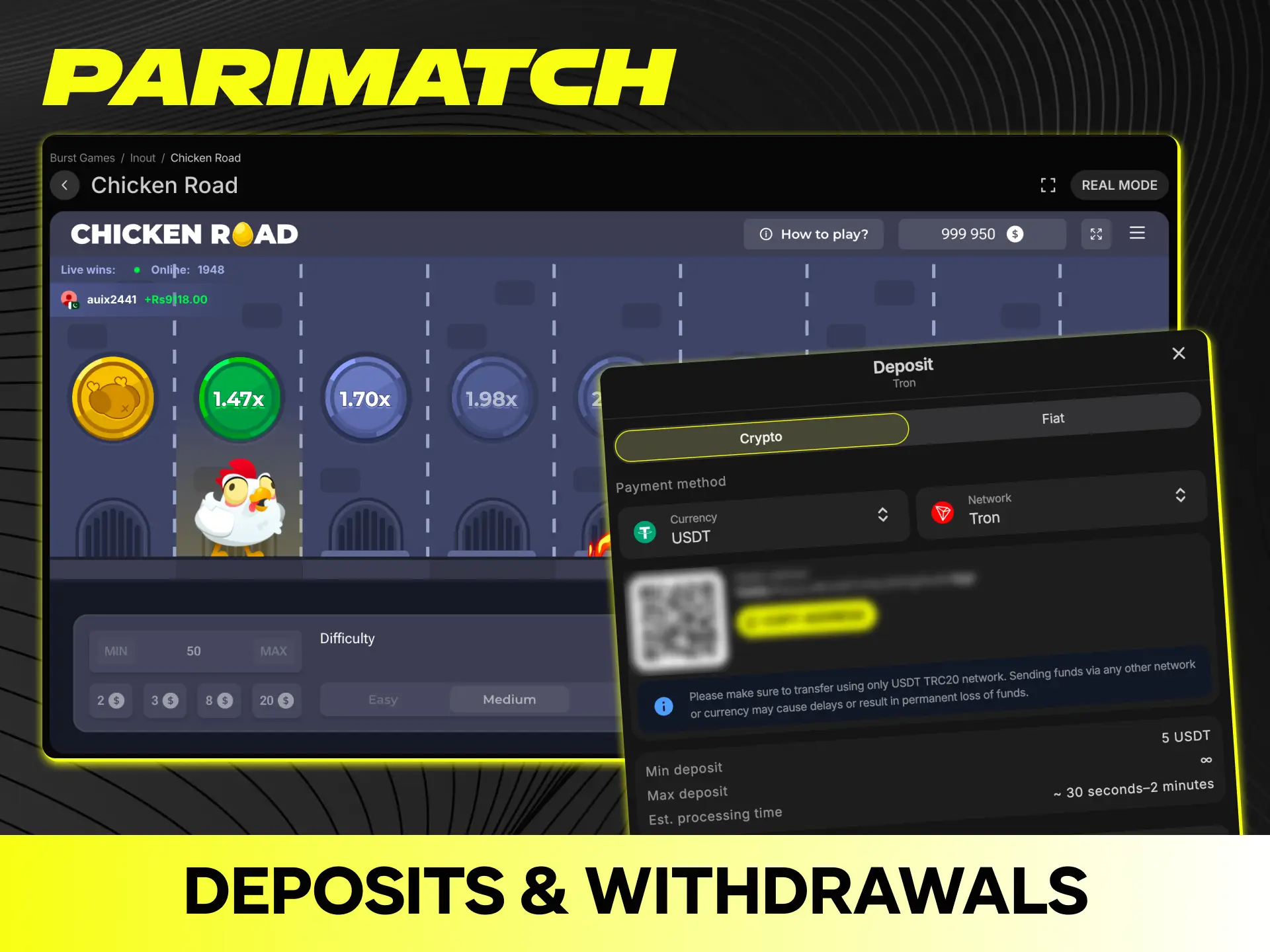 Make fast deposits and rapid withdrawals while playing Chicken Road on Parimatch.