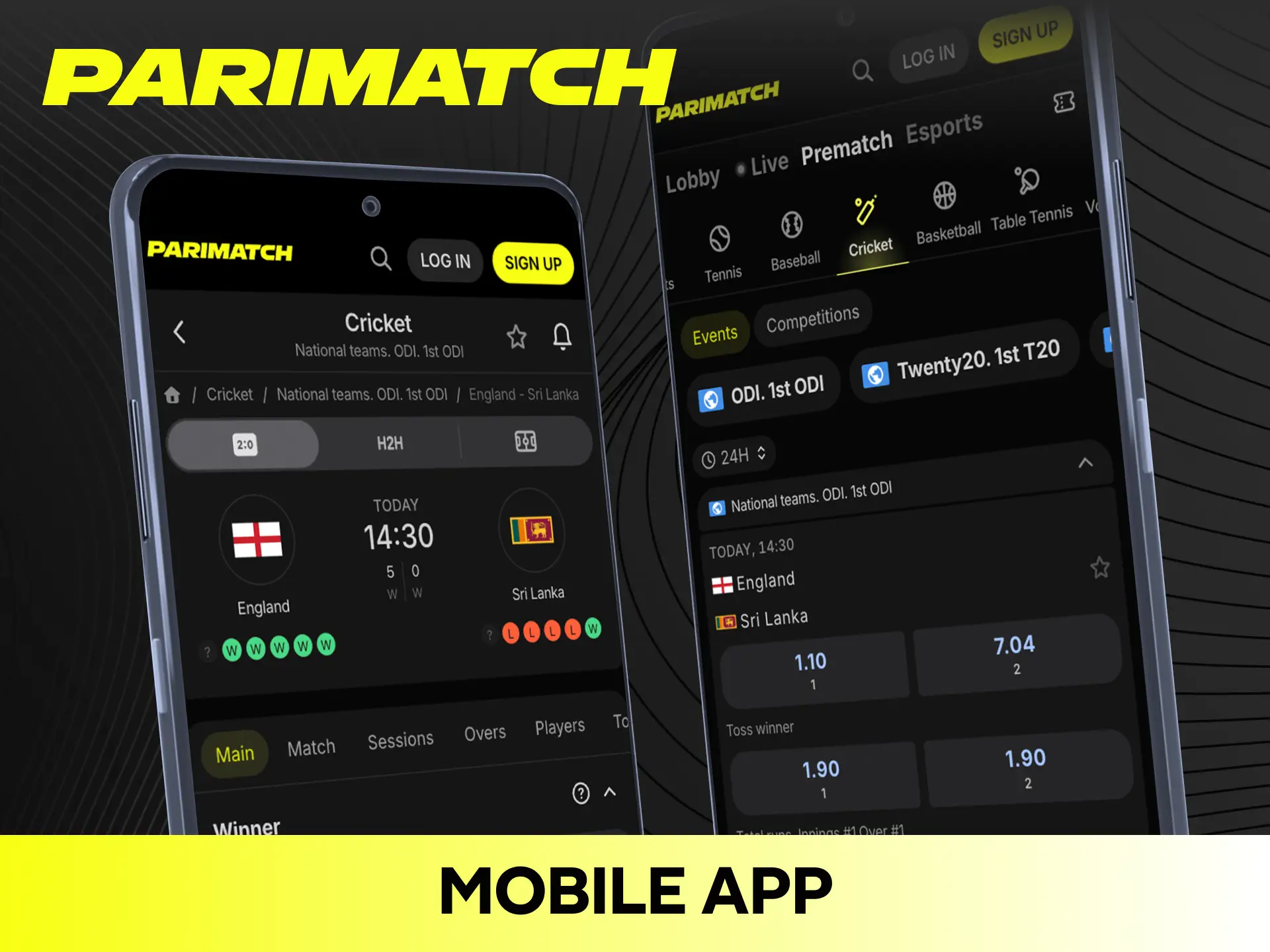 Install the official Parimatch app to bet on live cricket matches anytime.
