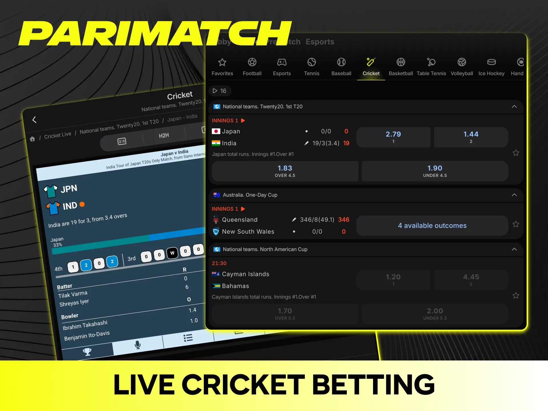 Enjoy dynamic live cricket betting during ongoing international matches on Parimatch.