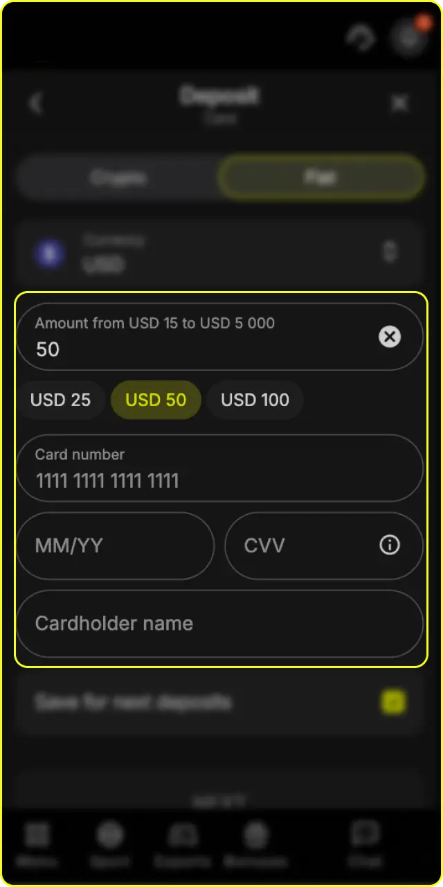 Enter the amount you wish to add to your Parimatch account deposit balance.