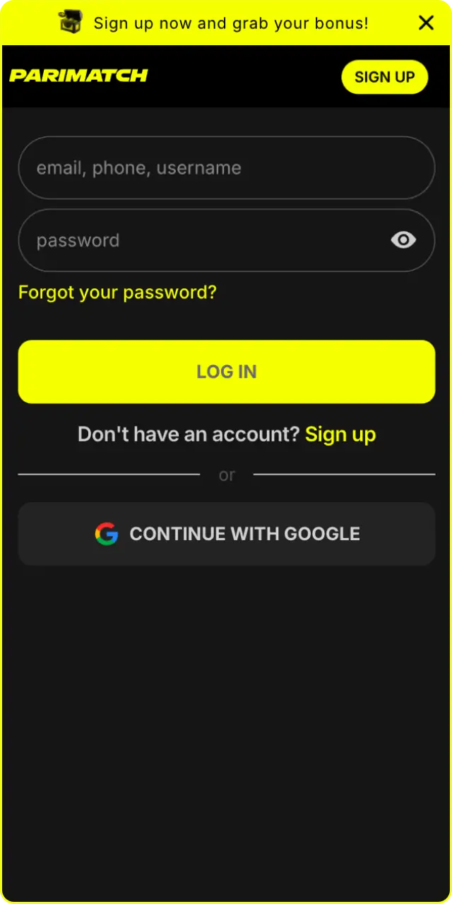 Log in to your personal account to start the deposit process on Parimatch.