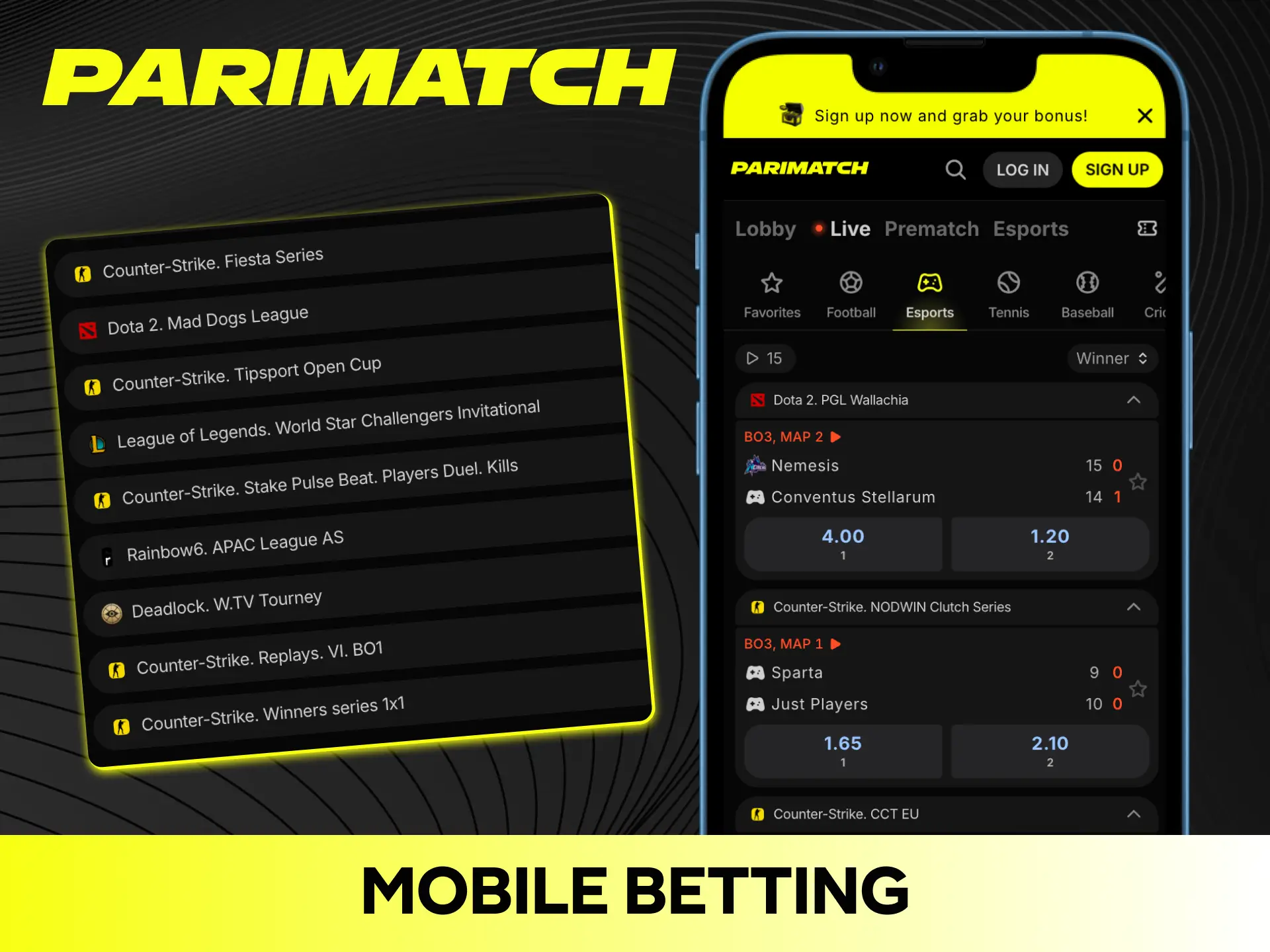 Download the mobile app to place instant esports bets on Parimatch.
