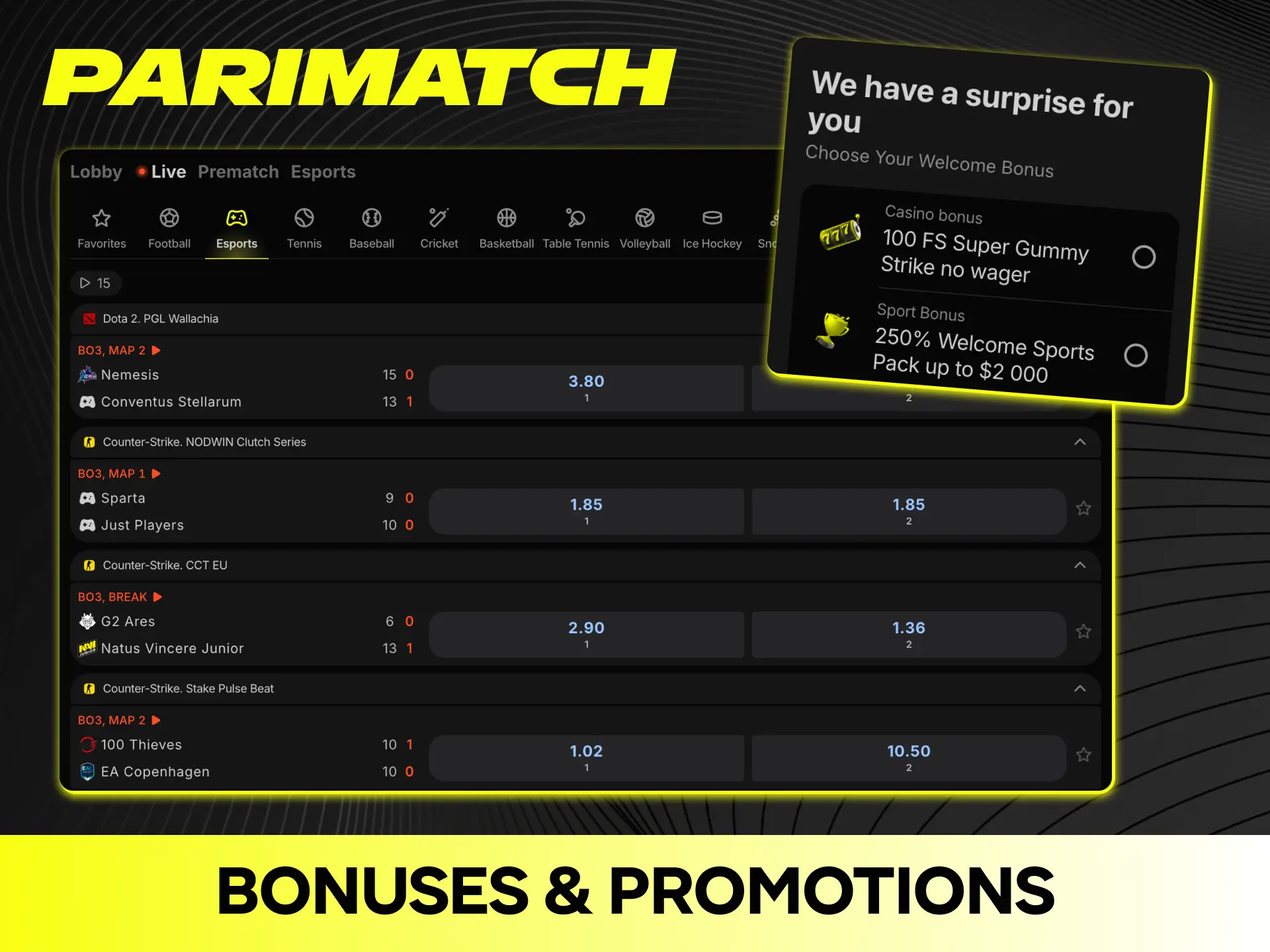 Claim special promotions and extra bonuses for esports betting on Parimatch.