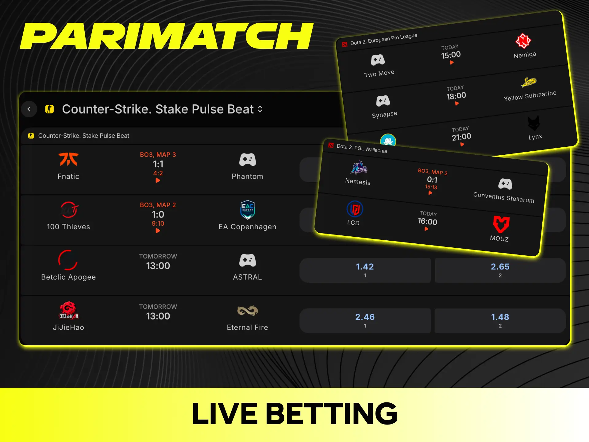 Place real-time live esports bets on ongoing tournaments via Parimatch.