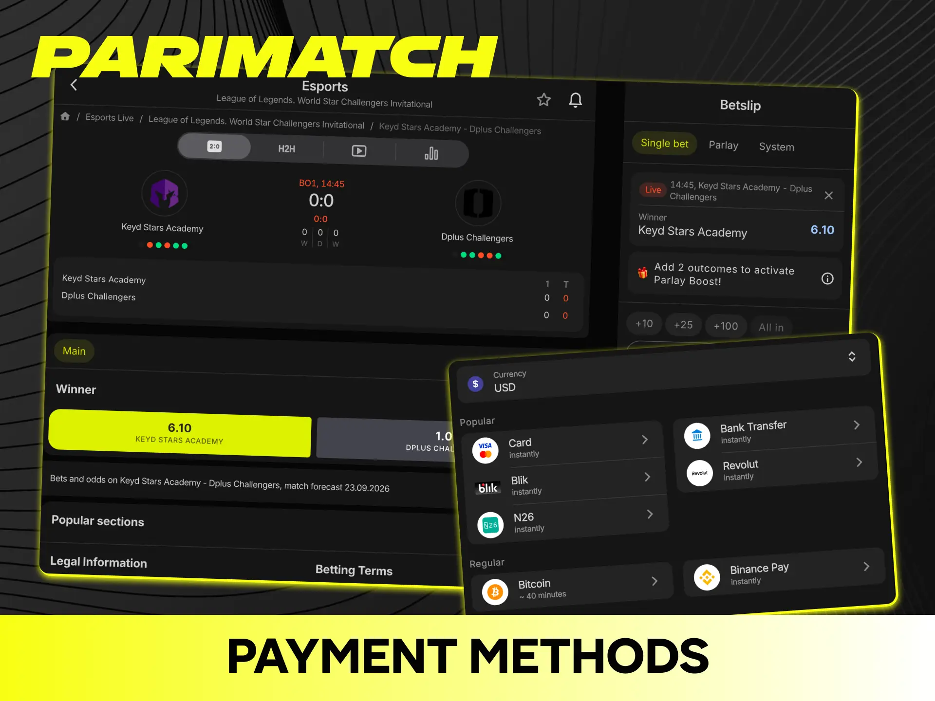 Choose convenient payment methods to fund your esports betting balance on Parimatch.