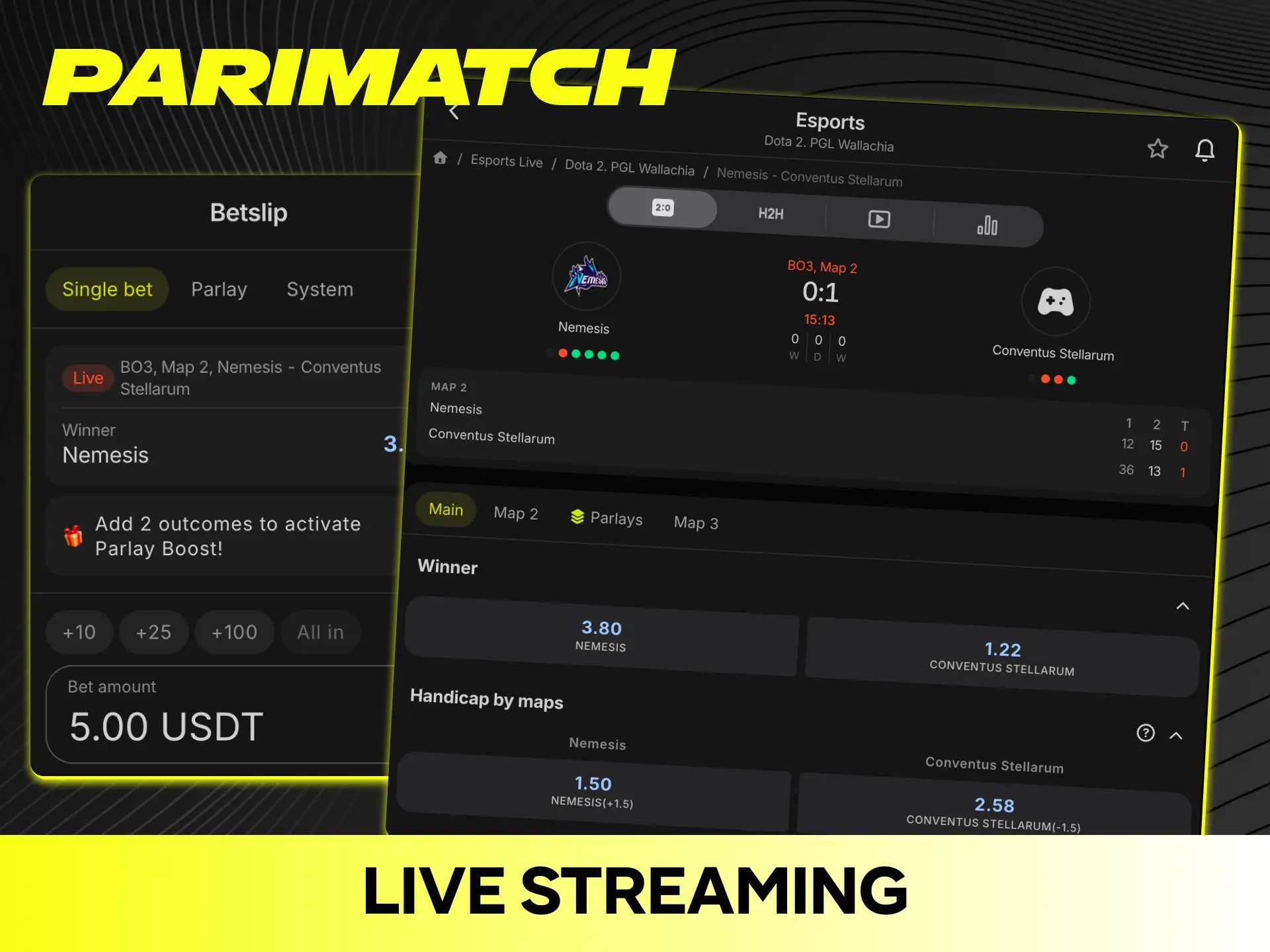 Watch live streaming coverage while placing esports bets on Parimatch.