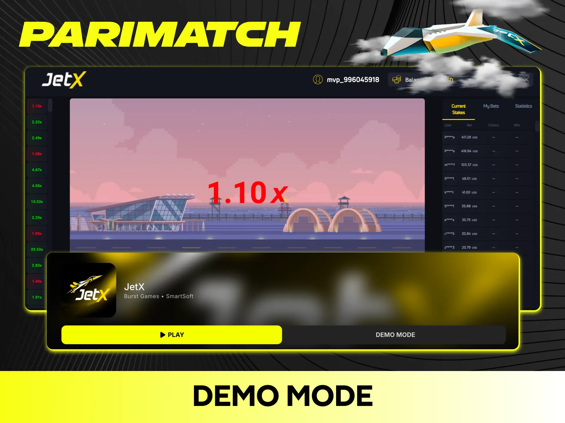 Try the free demo mode to practice JetX gameplay on Parimatch.