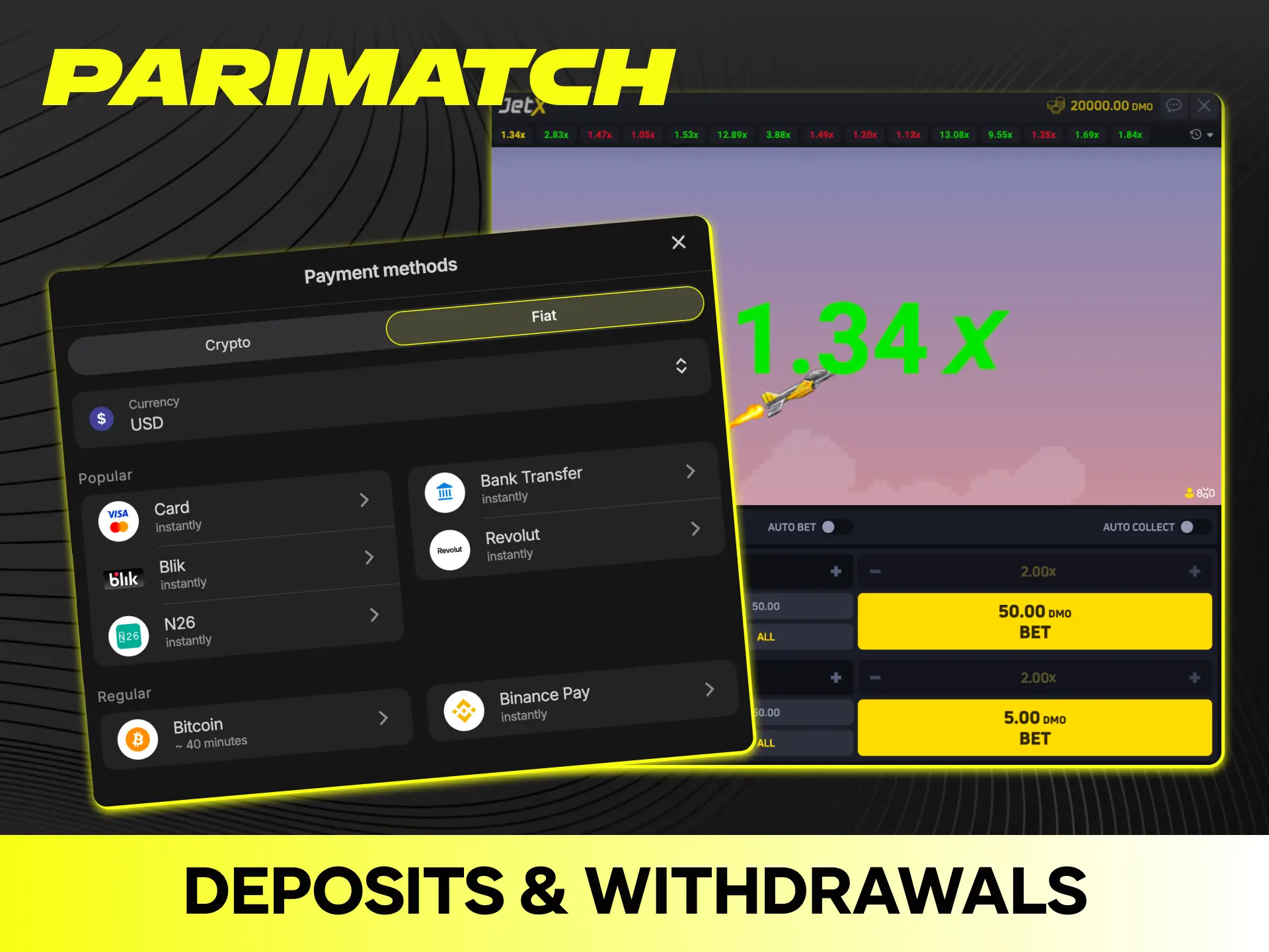 Deposit funds easily and withdraw your JetX cash winnings on Parimatch.