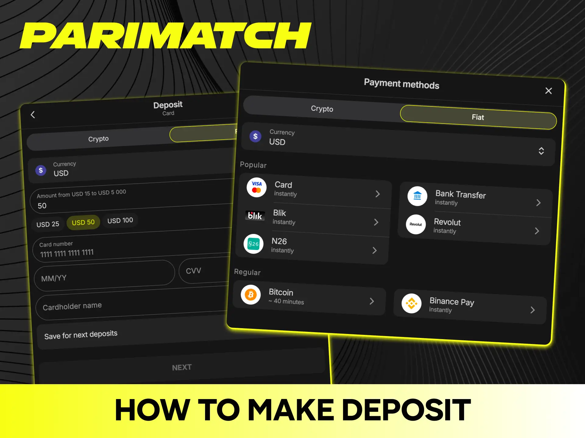Follow easy instructions to make a quick deposit on Parimatch.