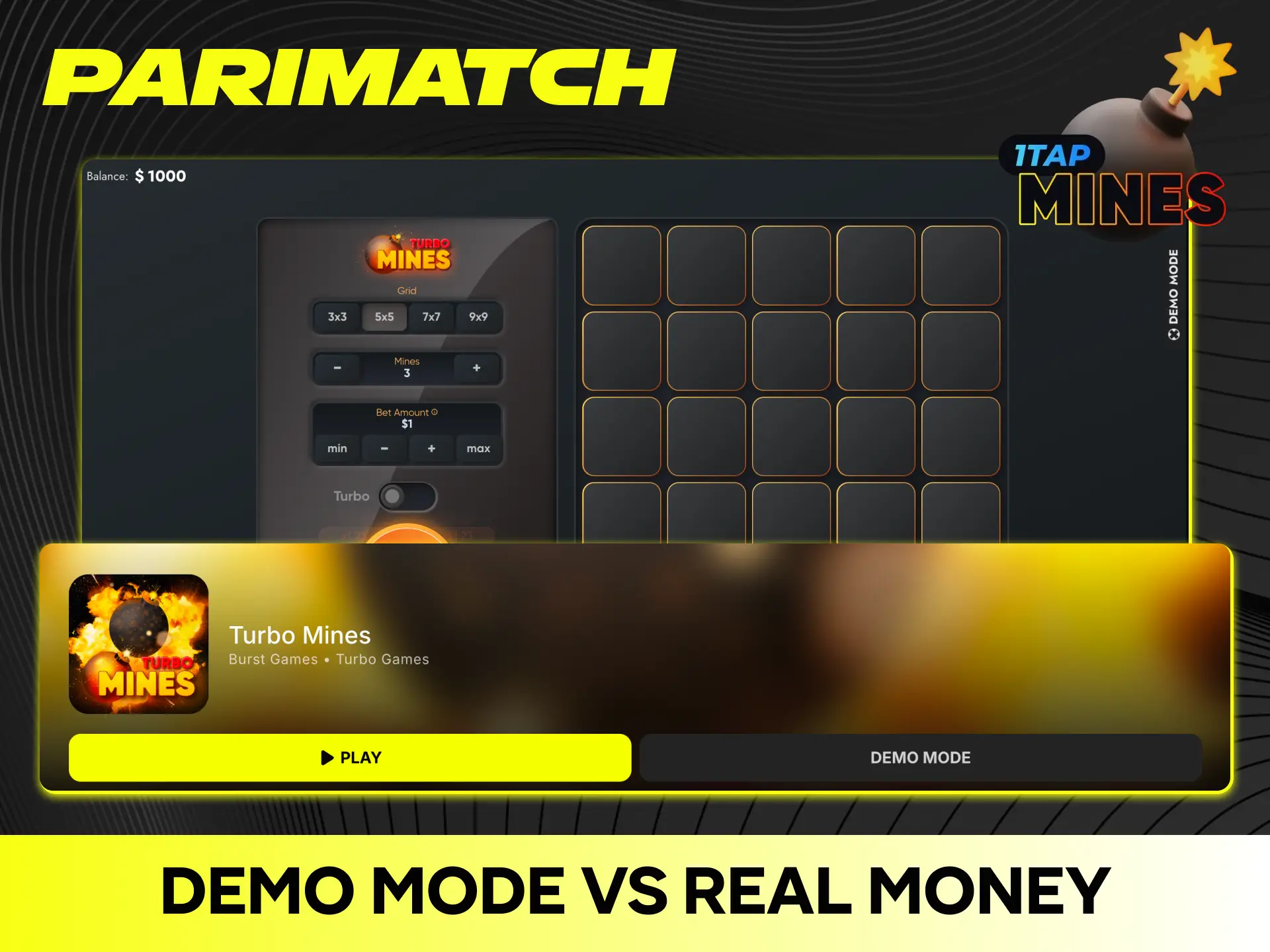 Compare free demo mode features with real money gameplay in Mines on Parimatch.