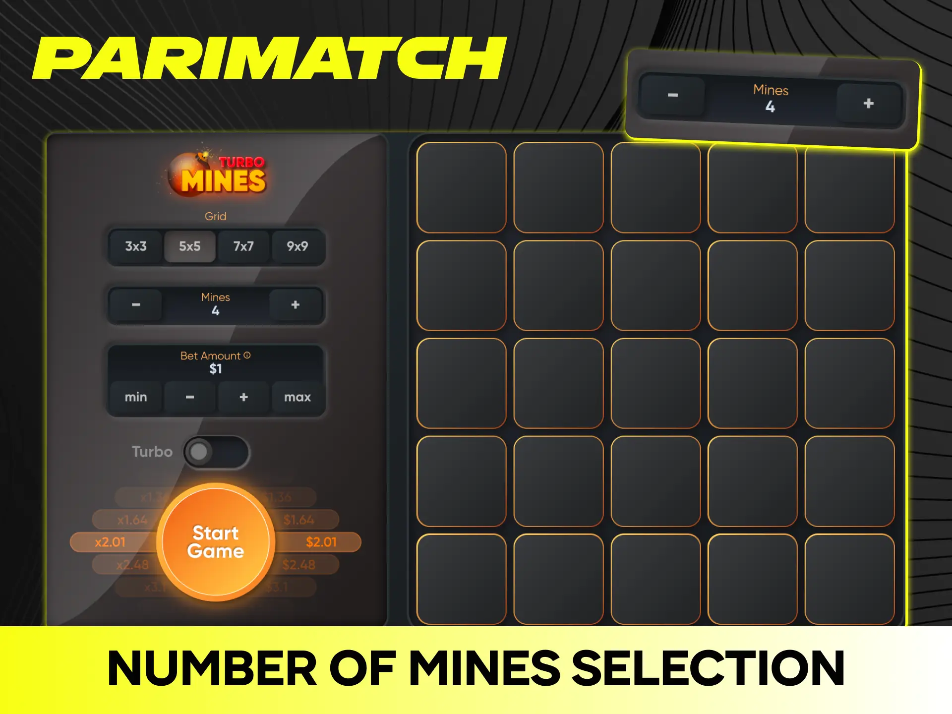 Adjust the number of hidden mines to customize your risk and multipliers on Parimatch.