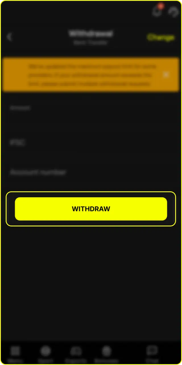 Submit the request to complete your payout transaction on the Parimatch platform.